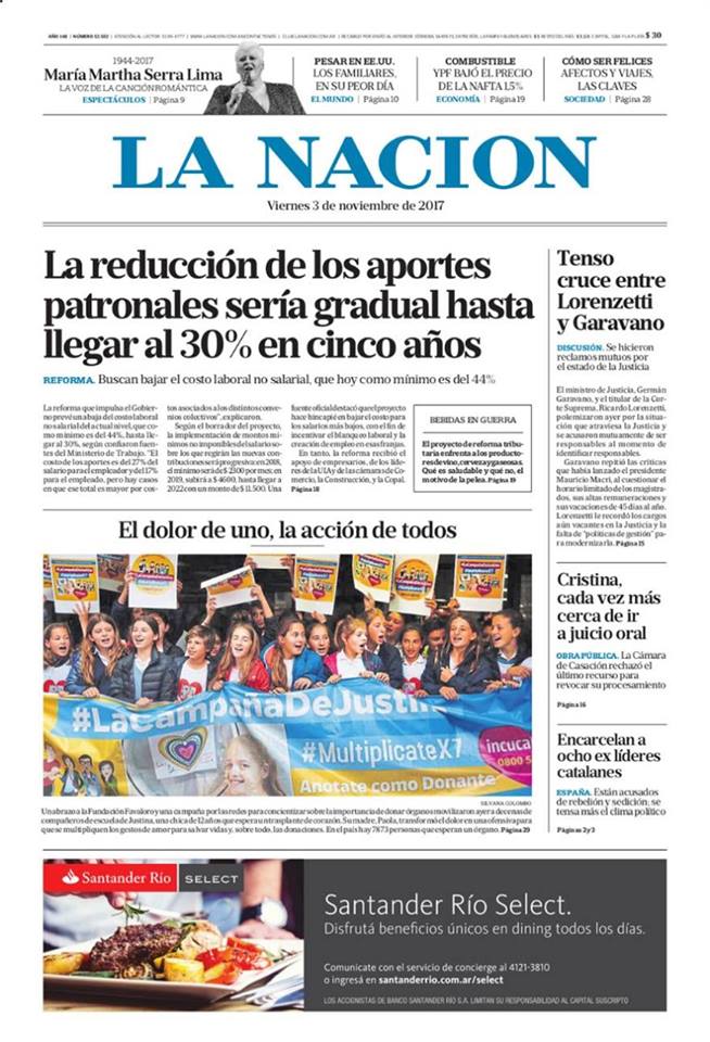La campaña por Justina salió en la portada del diario La Nación el 3 de noviembre de 2017.